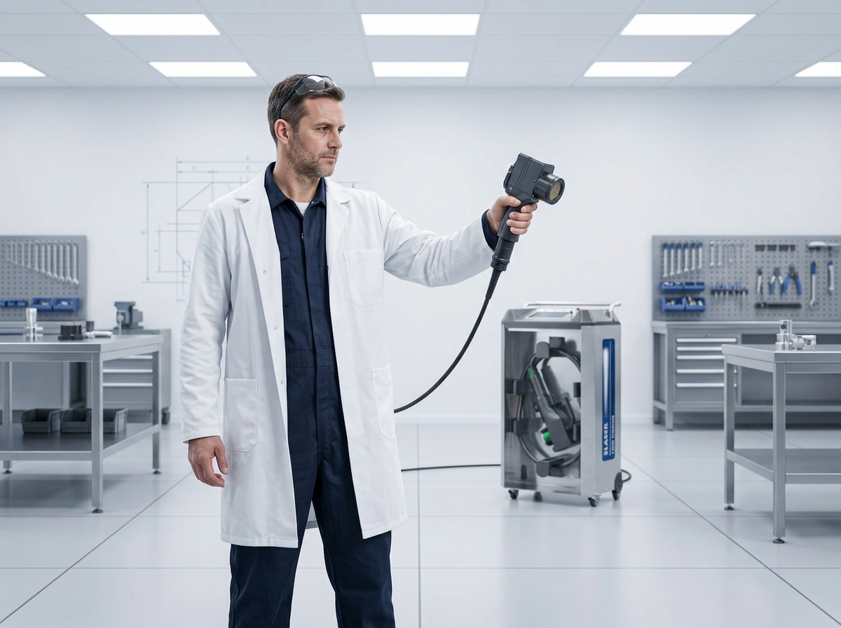 Operator in navy coveralls and lab coat holding ELASER laser scanner head in industrial workshop, with compact wheeled ELASER unit visible in background on polished concrete floor.