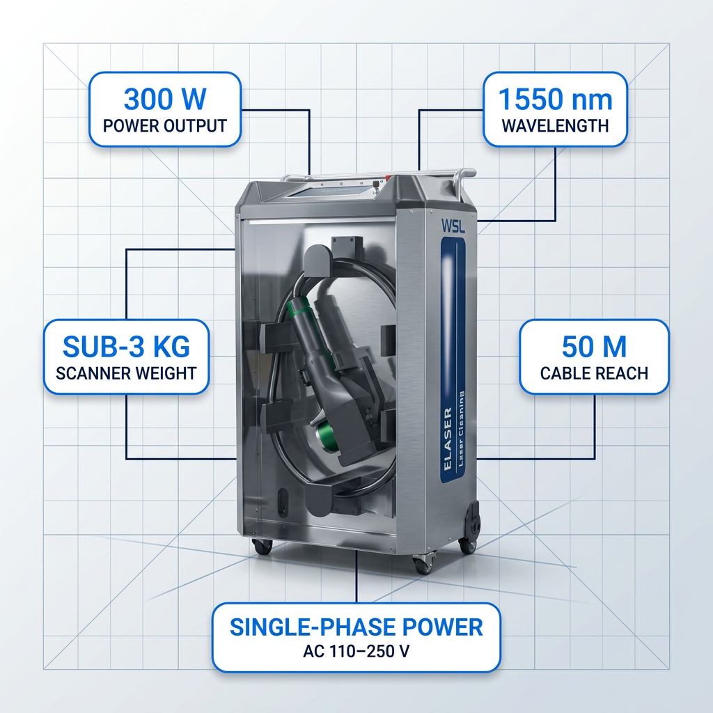 ELASER laser cleaning machine with five specification badges: 300 W power output, 1550 nm wavelength, sub-3 kg scanner weight, 50 m cable reach, and single-phase AC power input. Connector lines link each badge to relevant machine components.