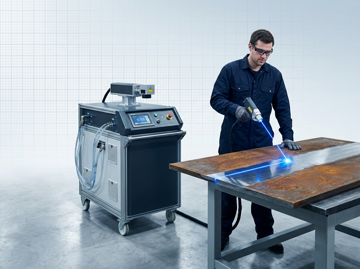 Trolley-mounted continuous-wave laser cleaning system in operation on a production floor, with operator in full PPE using handheld laser gun on large steel workpiece, electric blue laser beam visible at contact point showing rust removal.