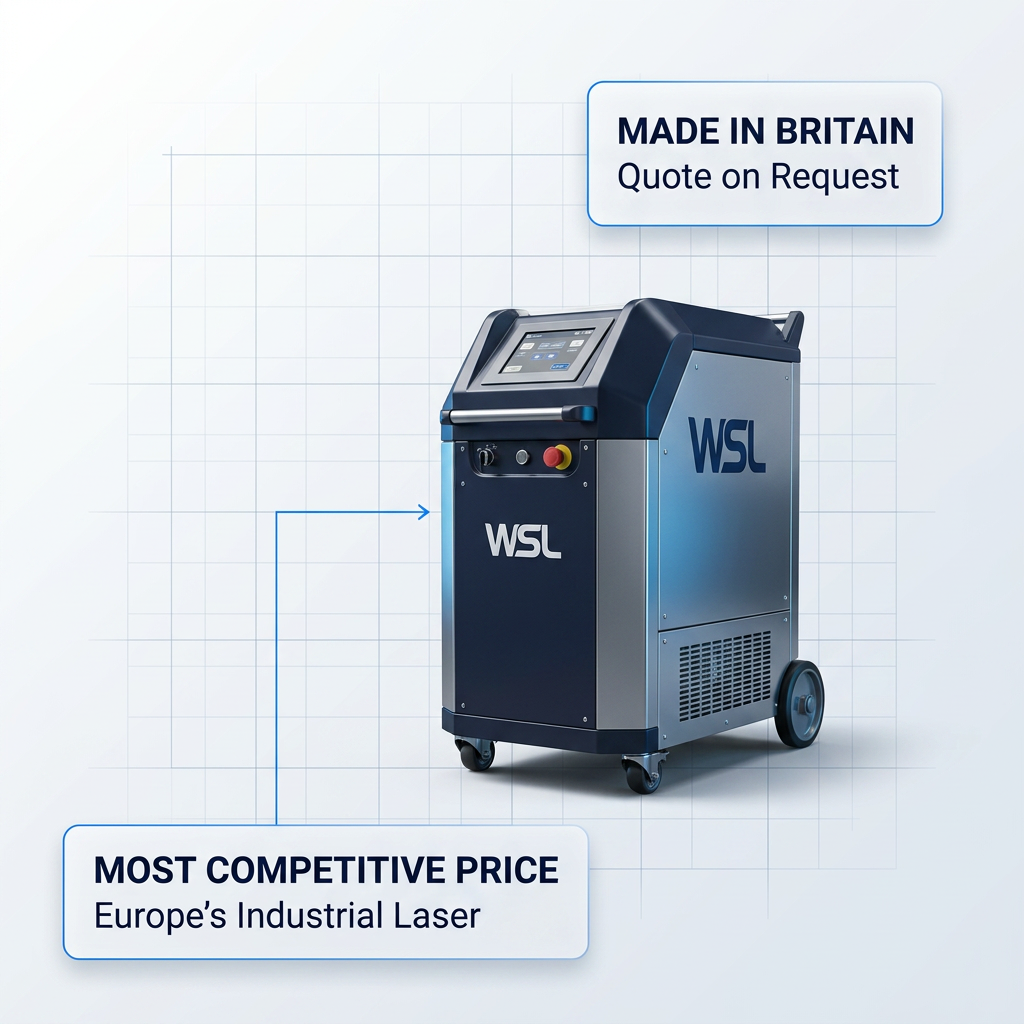 ELASER wheeled laser cleaning machine in light grey technical workspace, with white badge containers showing 'Made in Britain' and 'Most Competitive Price' labels positioned at top-right and bottom-left.