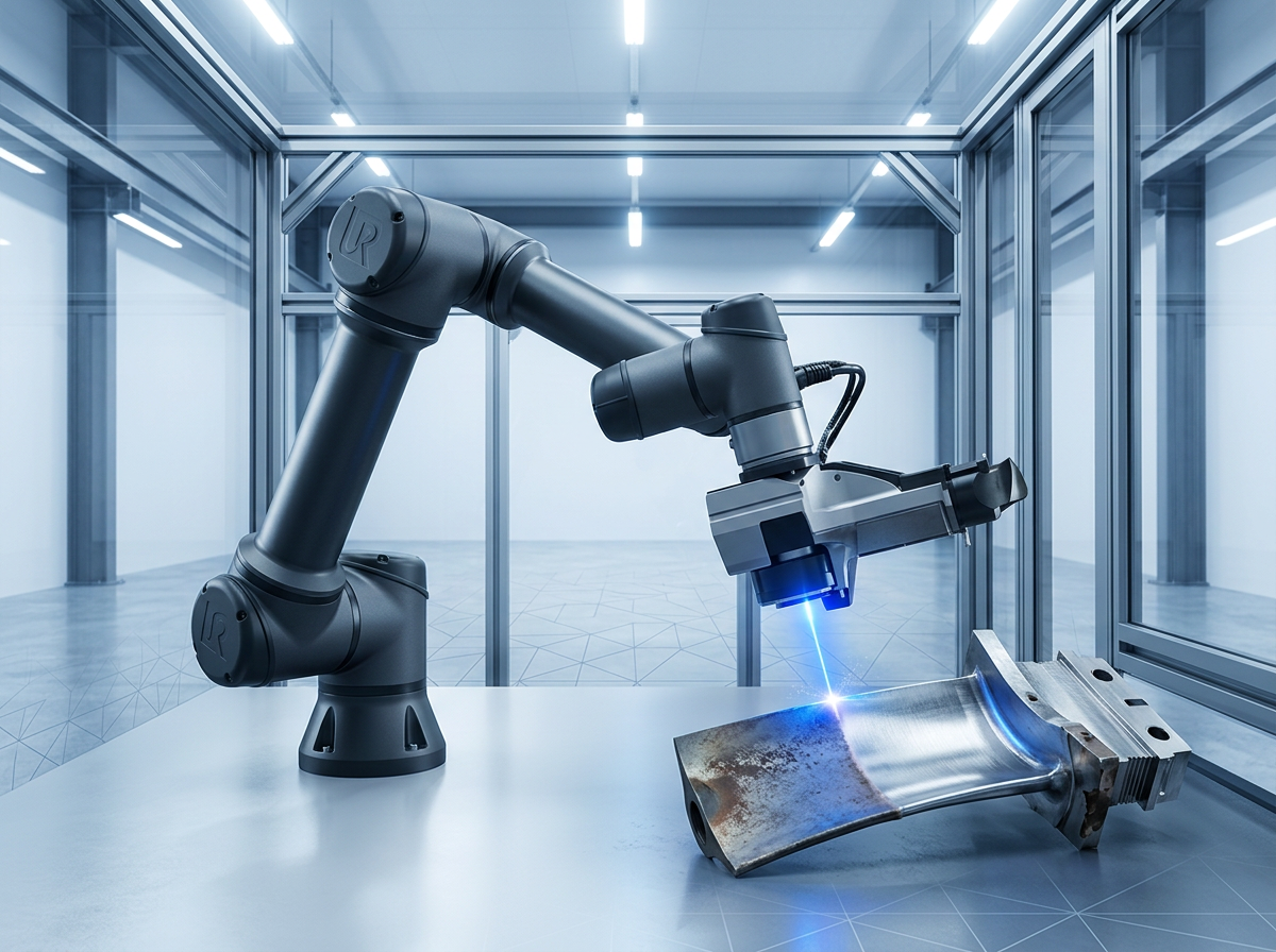 Articulated robotic arm with laser cleaning head positioned over a precision metal component on a work surface inside a bright industrial production cell, with electric blue laser contact point visible on the cleaned metal surface.