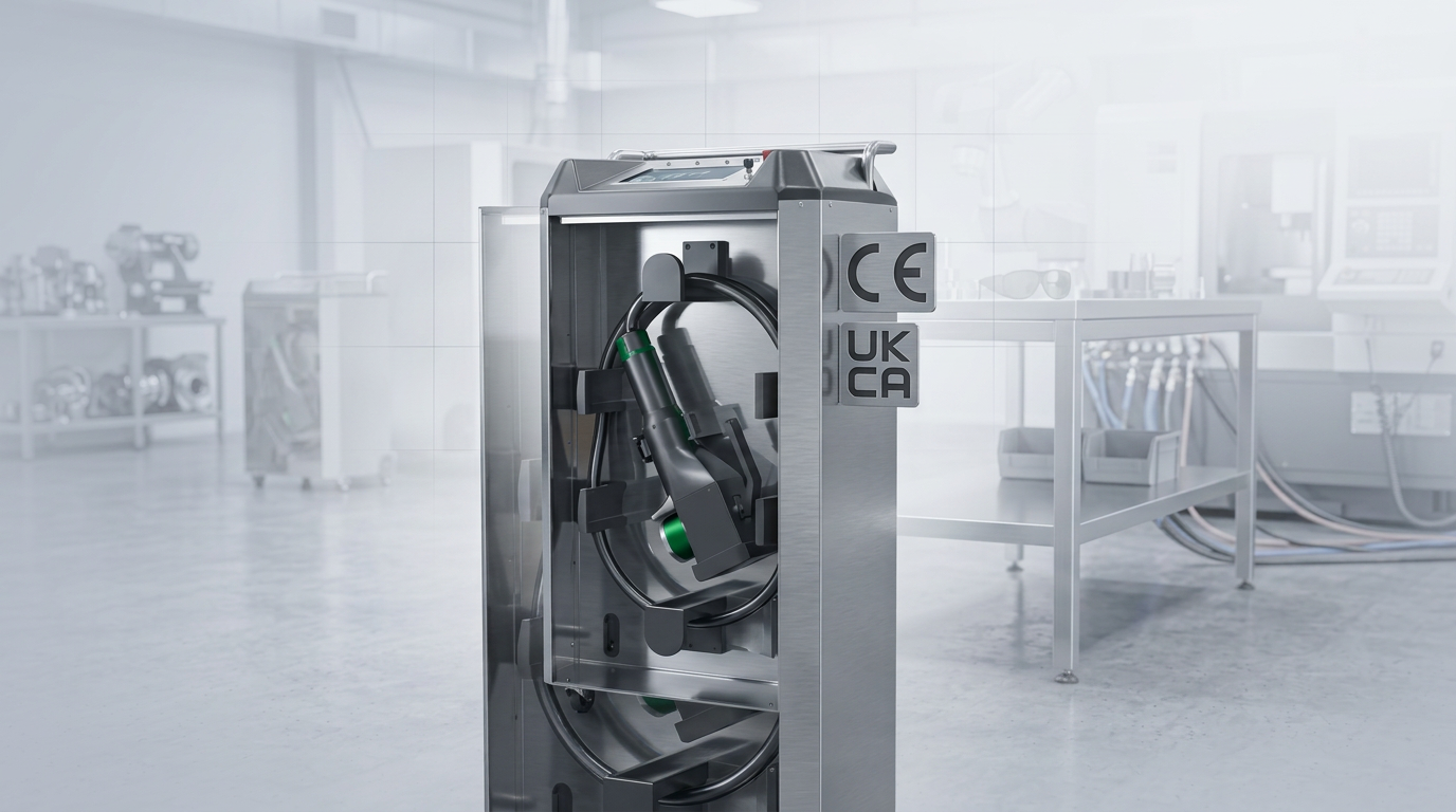 Close-up of ELASER laser cleaning machine panel with CE and UKCA certification marks visible on brushed stainless steel chassis in bright workshop setting.