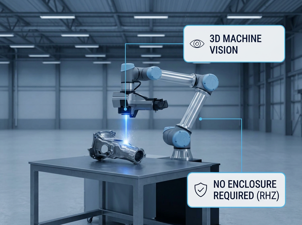 AutoLASE robotic arm with laser cleaning head positioned over a complex metal component on a work table in an industrial manufacturing facility, with callout badges labeling 3D machine vision and RHZ safety features.