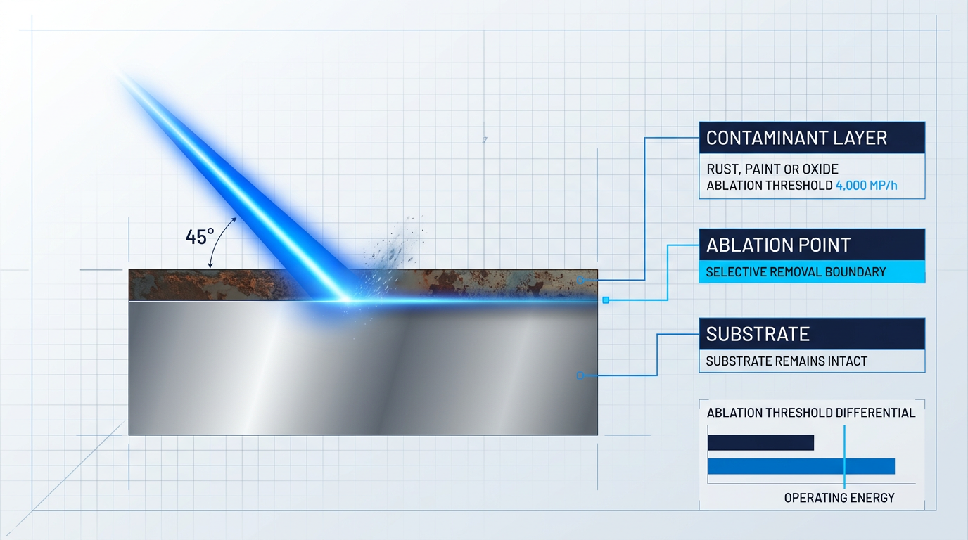 Cross-section diagram of laser ablation showing focused blue laser beam striking contamination layer above substrate, with callout boxes labeling contaminant layer, ablation point, and intact substrate material.