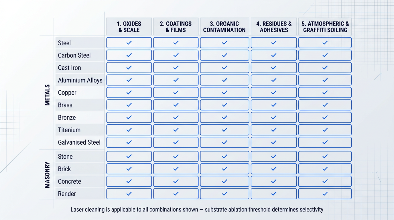 Matrix grid showing base materials (metals and masonry) mapped against five contaminant categories (oxides, coatings, organic, residues, atmospheric), with checkmarks indicating laser cleaning applicability across all combinations.