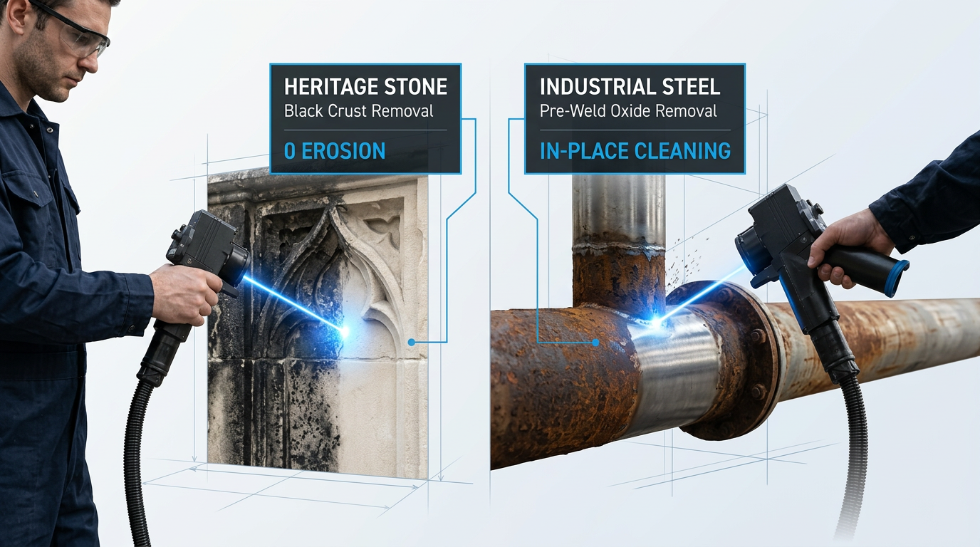 Split-screen comparison of laser cleaning on historic stone masonry (left) and corroded industrial steel pipework (right), both showing blue laser beam contact points with contamination lifting away to reveal clean surfaces beneath.