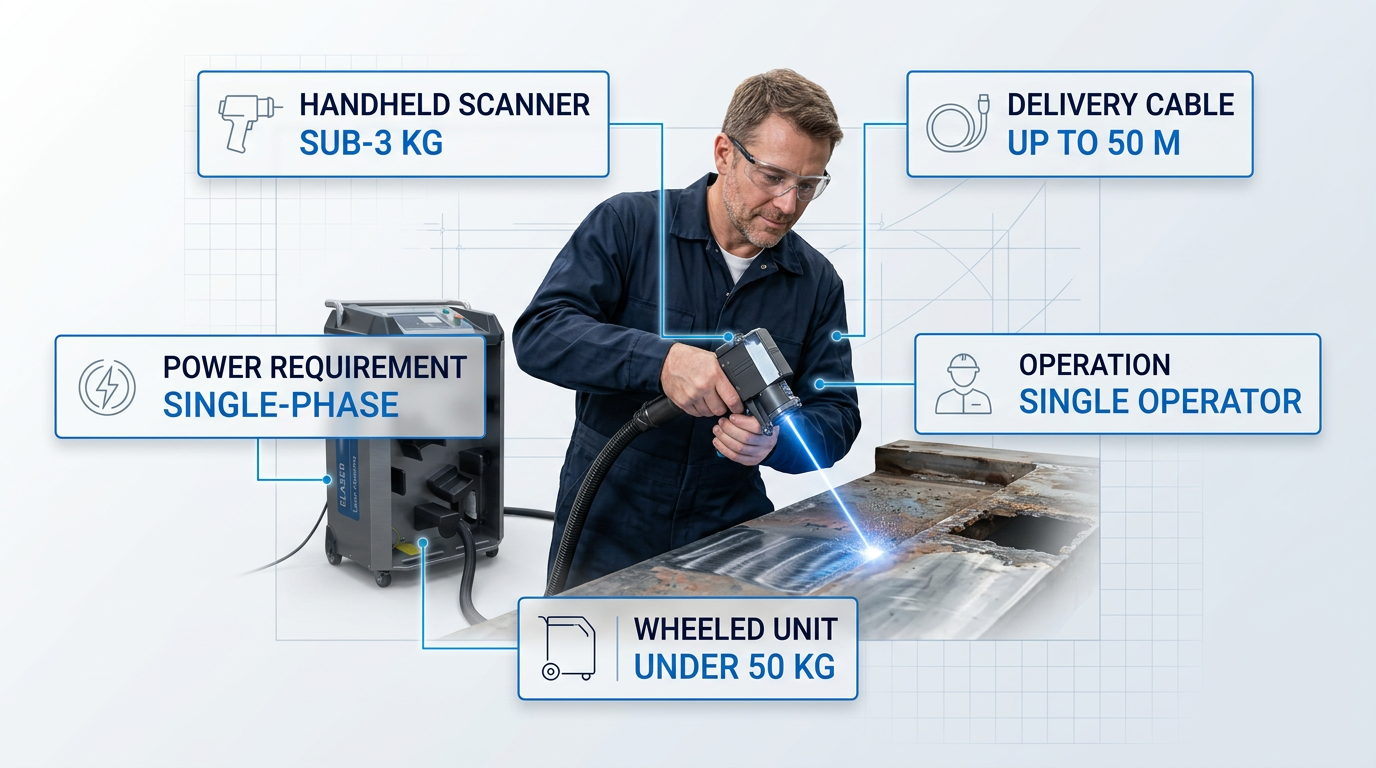 Technician in dark coveralls operating handheld laser scanner on industrial metal surface, with wheeled unit in background and five labeled specification containers showing scanner weight under 3 kg, cable reach up to 50 m, single-phase power, single-operator operation, and unit weight under 50 kg.