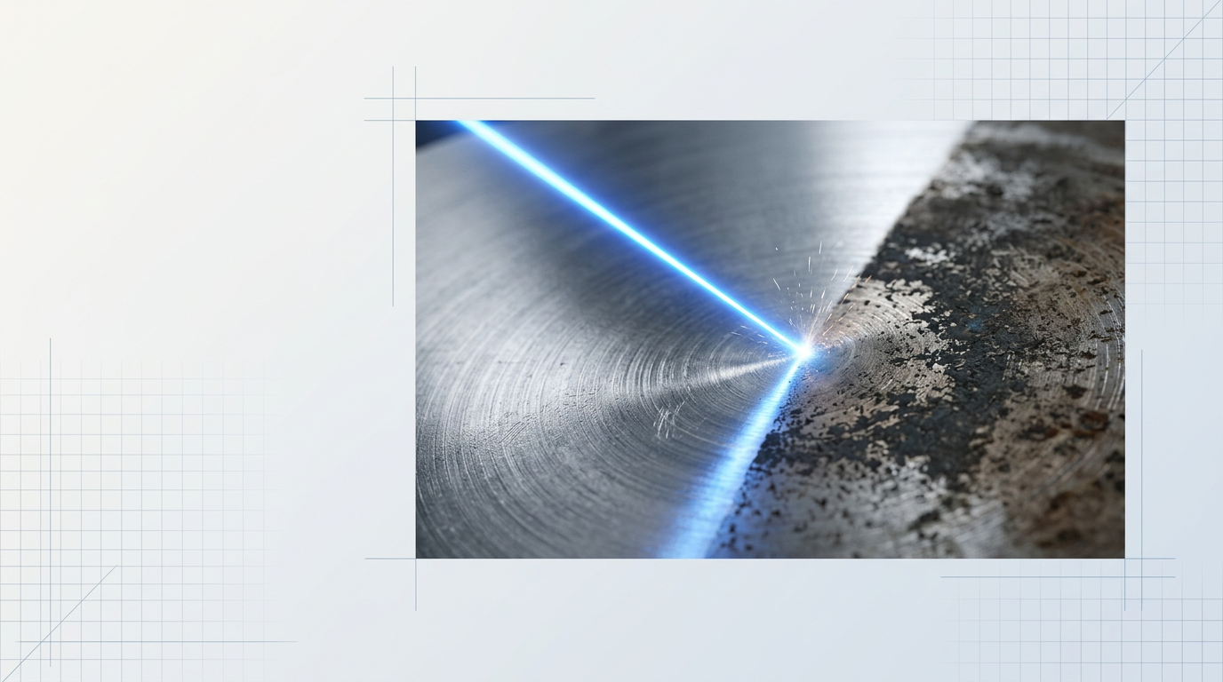 Close-up of electric blue laser beam striking a metal surface, dividing degraded oxidized material on the left from polished clean metal on the right, with subtle particle ablation at the contact point.