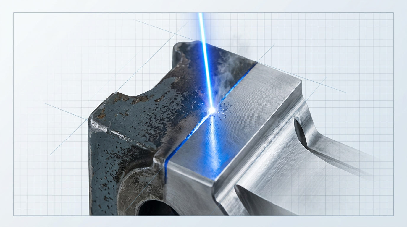 Industrial laser beam with electric blue glow directed at a metal surface, showing stark contrast between degraded coating on one side and clean bare metal on the other, with subtle particle ablation at the contact point.