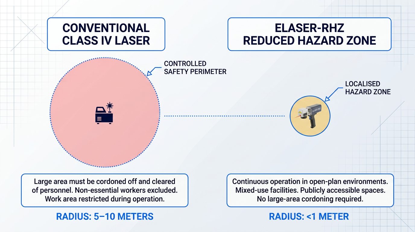 Side-by-side comparison of safety perimeters: conventional Class IV laser requires large cordoned zone (5–10 meter radius shown as light red circle), while ELASER-RHZ reduced hazard zone requires only compact localised area (under 1 meter radius shown as light yellow circle).