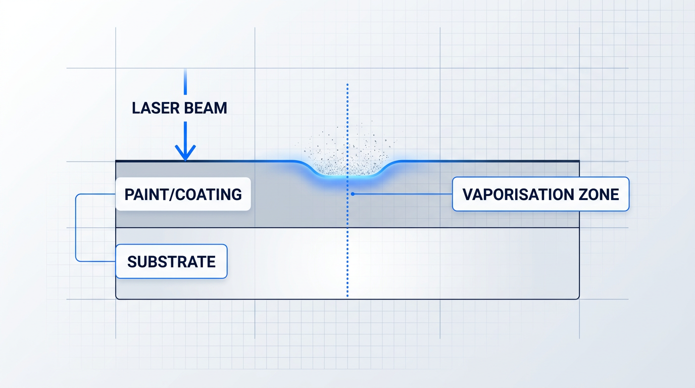 Cross-section diagram of laser paint removal showing laser beam striking paint layer with vaporisation zone, while substrate beneath remains intact and undamaged.