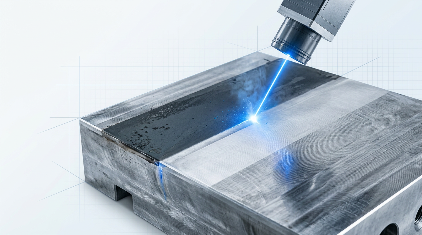 Professional fiber laser cleaning system in operation on metal surface, showing electric blue laser beam making contact with coated substrate, creating stark before-and-after contrast between degraded coating and clean bare metal.