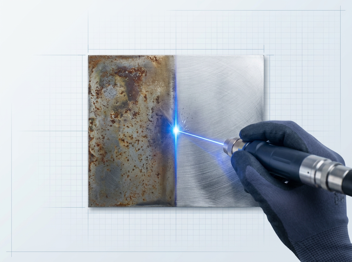 Metal surface split between rust-covered left side and polished bare metal right side, with electric blue laser beam at the dividing line and gloved hand positioning laser scanner.