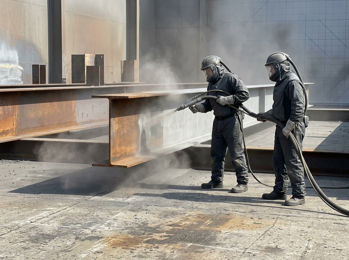 Industrial sandblasting operation on large structural steel beam in open yard, two workers in full protective gear operating handheld blasting equipment with visible dust and particulate spray.