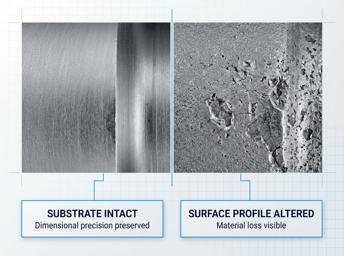 Split-panel comparison of two metal surfaces at high magnification: left side shows laser-cleaned smooth substrate intact with no pitting; right side shows sandblasted surface with visible material loss and altered profile. Labels below each panel identify the cleaning methods and their effects.