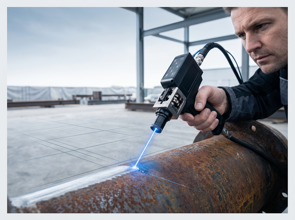 Technician using handheld ELASER laser scanner on rusted metal surface in open industrial yard, with bright blue laser beam ablating rust and exposing clean bare metal.