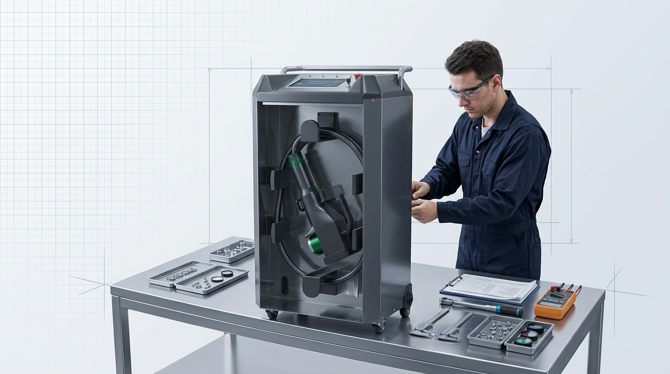 Professional engineer in dark coveralls inspecting a WSL ELASER laser cleaning machine on a stainless steel workbench in a bright manufacturing workshop, surrounded by precision tools and components.