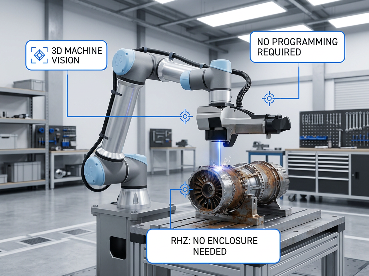 Articulated robotic arm with laser cleaning head positioned over a metal engine block component in a bright industrial facility, with electric blue laser engagement visible on the work surface and three labeled system features.