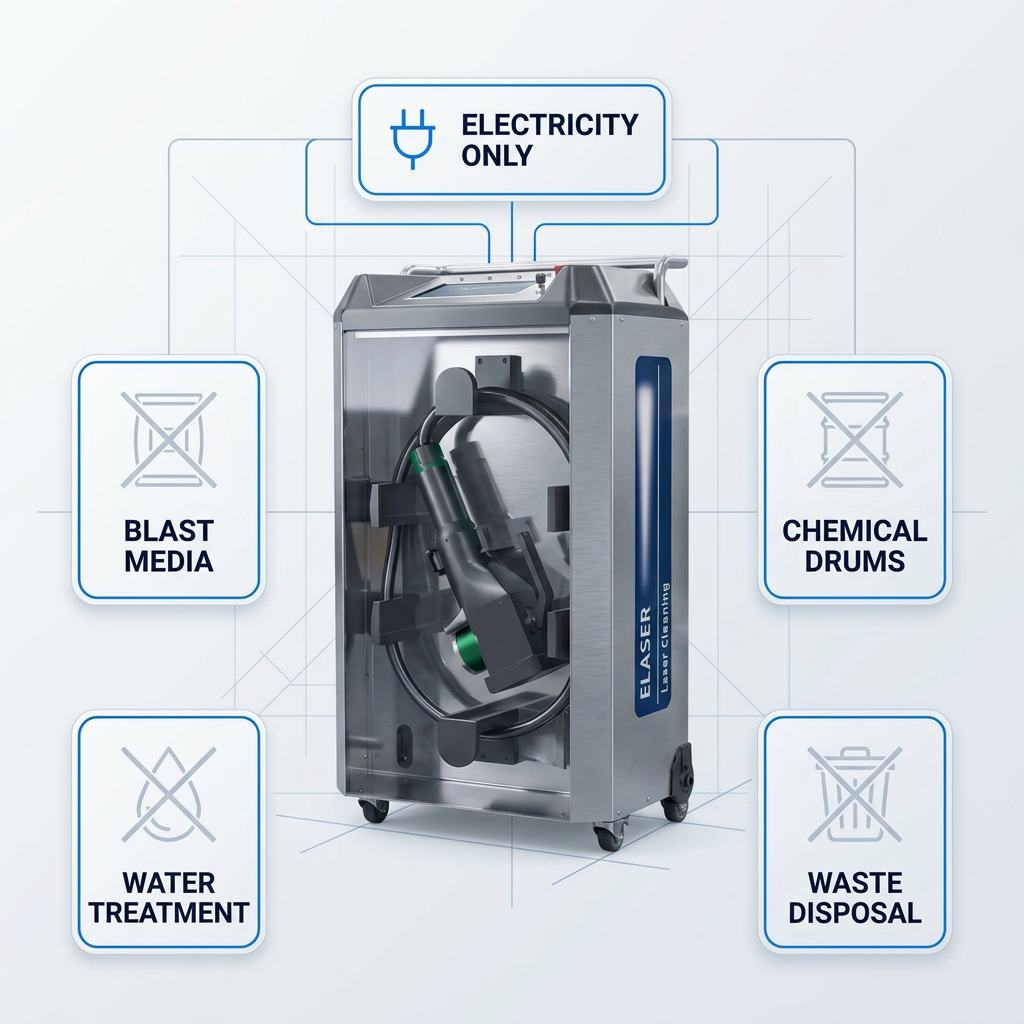 ELASER laser cleaning machine centered with five white containers around it: electricity input at top, crossed-out icons for blast media, chemical drums, water treatment, and waste disposal at cardinal points.