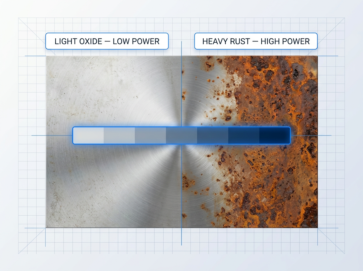 Metal surface split into two contamination zones: light oxide tarnish on left, heavy rust on right, with power tunability gradient bar and labels indicating low-power and high-power laser settings.