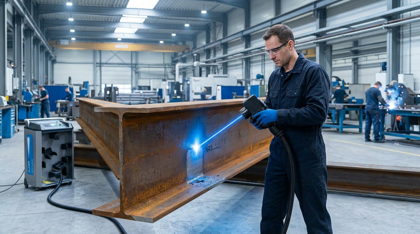 Technician in navy coveralls operating handheld laser scanner on large rusty steel pipe in active industrial plant, with electric blue laser beam visible at contact point showing rust removal in progress.