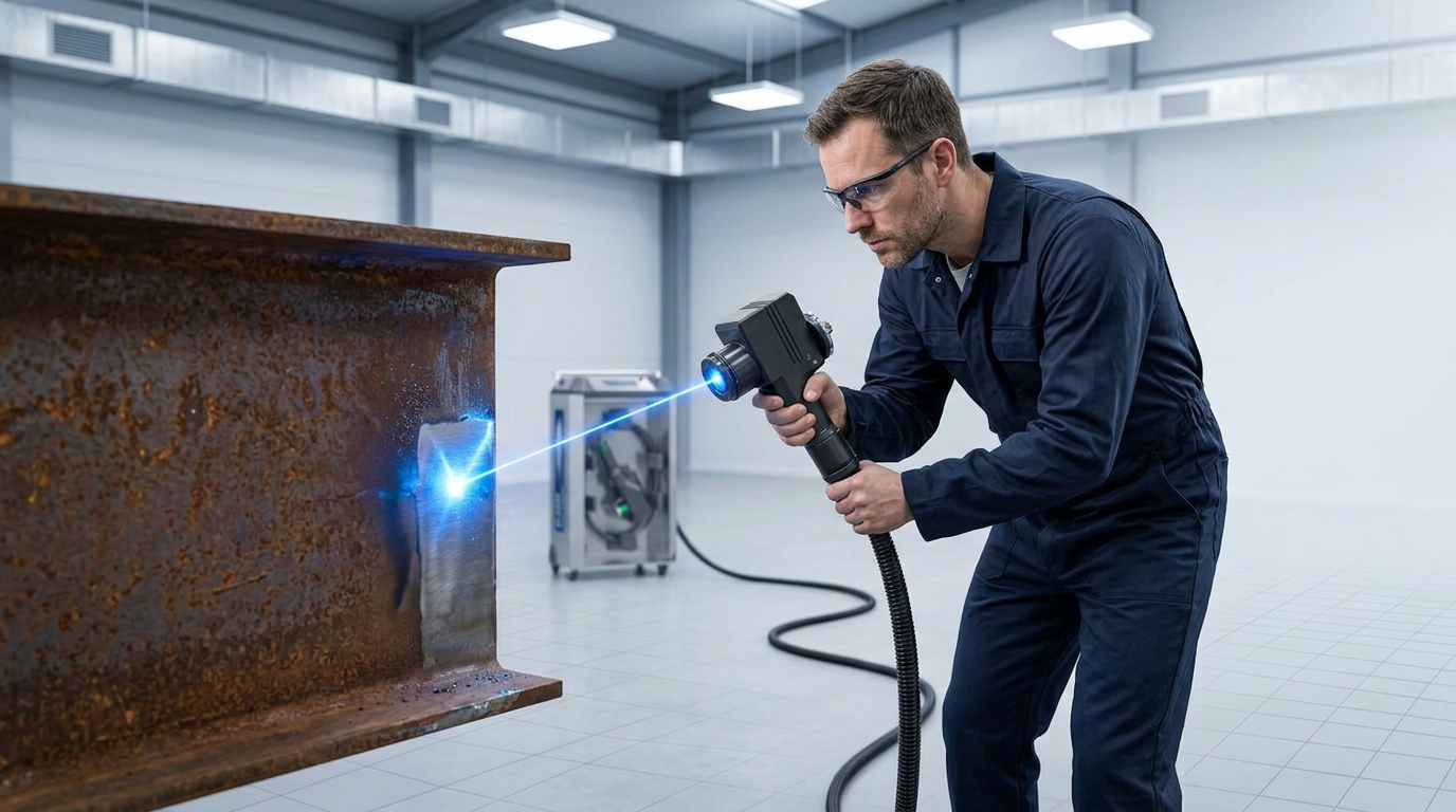 Professional technician in navy coveralls using ELASER handheld scanner on rusted structural steel beam, with electric blue laser contact point revealing cleaned metal; wheeled ELASER-RHZ unit visible in background with extended fiber cable.