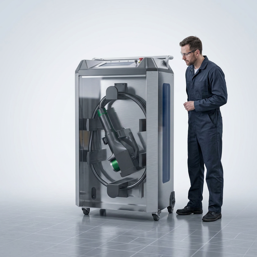 Professional engineer in navy coveralls consulting beside an ELASER laser cleaning machine in a bright, clean workshop with polished concrete floor and cool studio lighting.