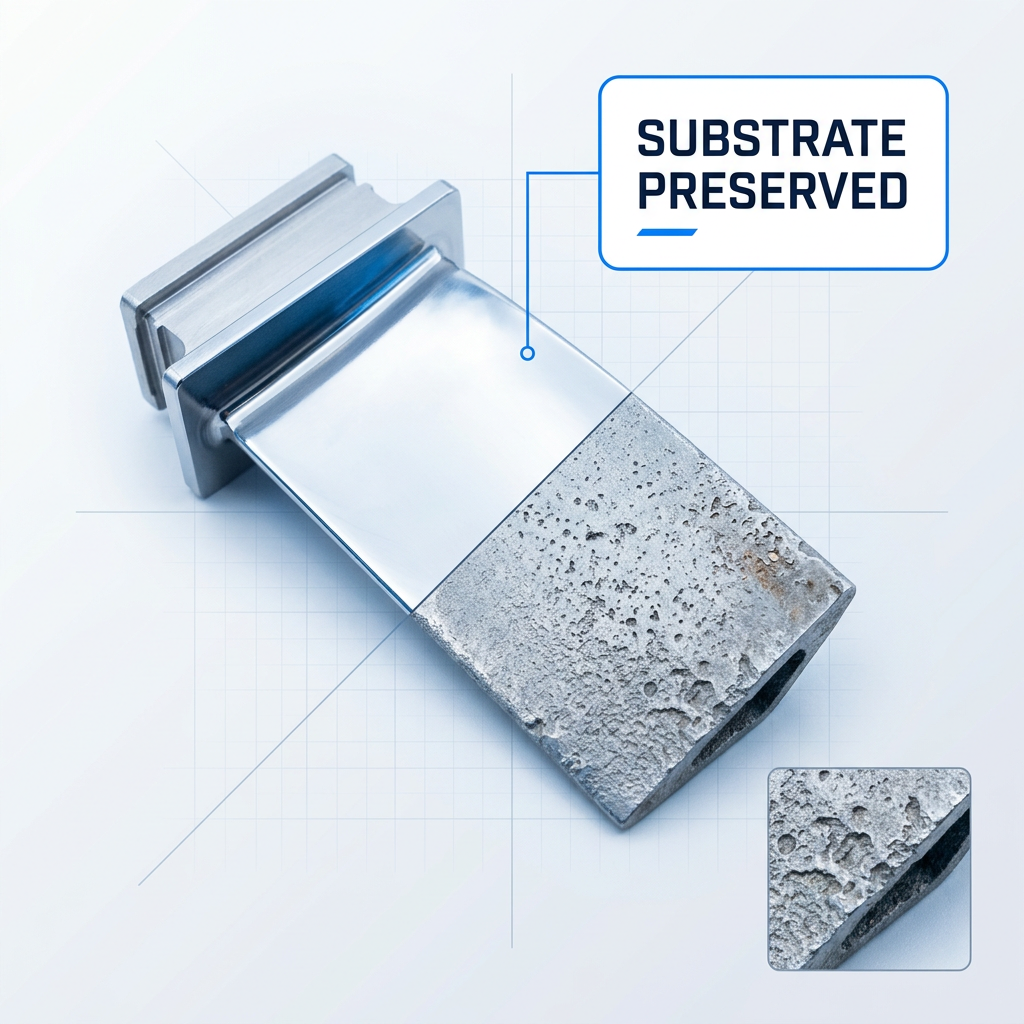 Precision metal component showing laser-cleaned smooth surface on one side and rough pitted surface from abrasive damage on the other, with 'Substrate Preserved' label and connector line.