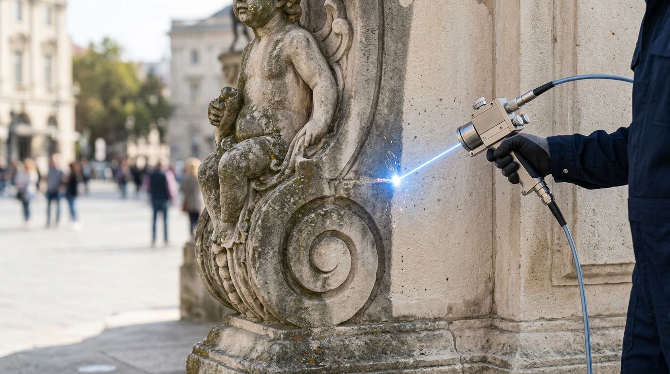 Laser cleaning scanner head actively removing weathered patina from historic stone monument facade, with electric blue laser beam visible at contact point and public visitors blurred in background plaza.