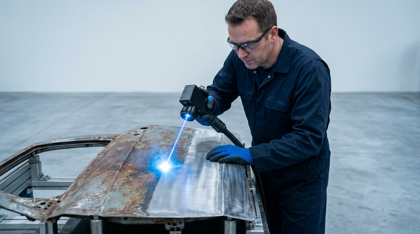 Technician in navy coveralls using handheld laser scanner on rusted car body panel, with electric blue laser point removing rust and revealing bare steel beneath in sharp contrast.