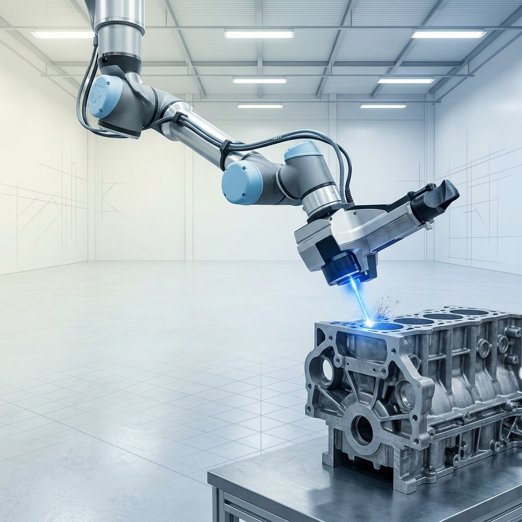 Articulated robotic arm with laser cleaning head positioned over a metal engine block in a bright, clean production facility, with electric blue laser beam at the contact point showing active material ablation.