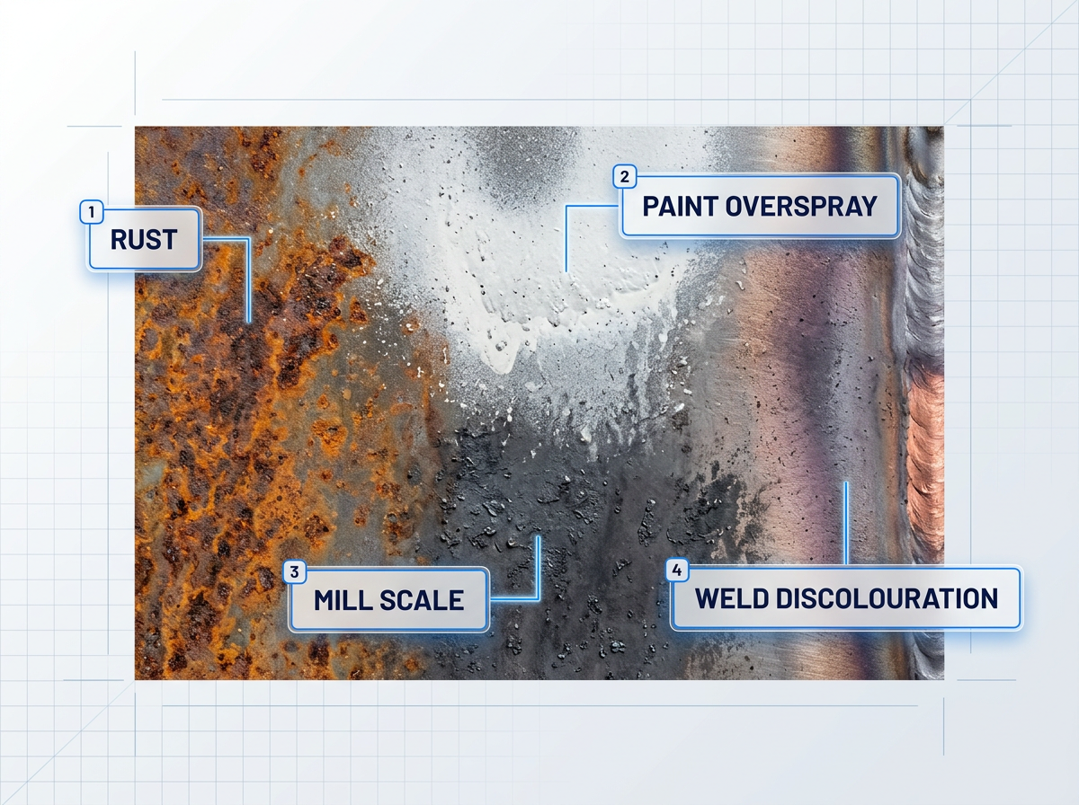 Close-up industrial steel surface showing four distinct contamination zones: rust with orange-brown oxidation on left, paint overspray in white-grey upper center, mill scale in dark grey-black lower center, and weld discolouration in purple-grey tones on right. Each zone is labeled with a small overlay badge connected by thin blue lines.