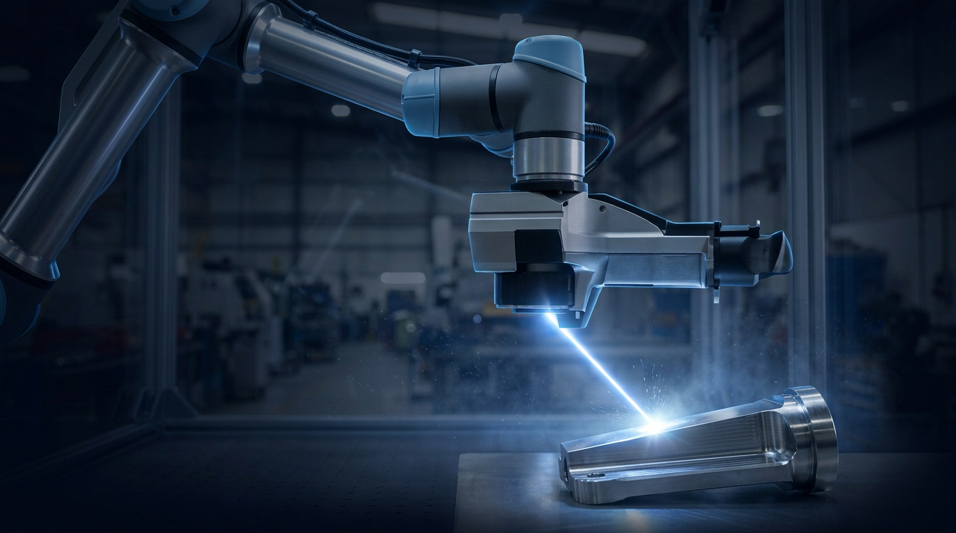 Robotic arm with laser cleaning head positioned over a polished metal component, emitting a bright blue-white laser beam with concentrated glow at the contact point in a dark industrial warehouse setting.