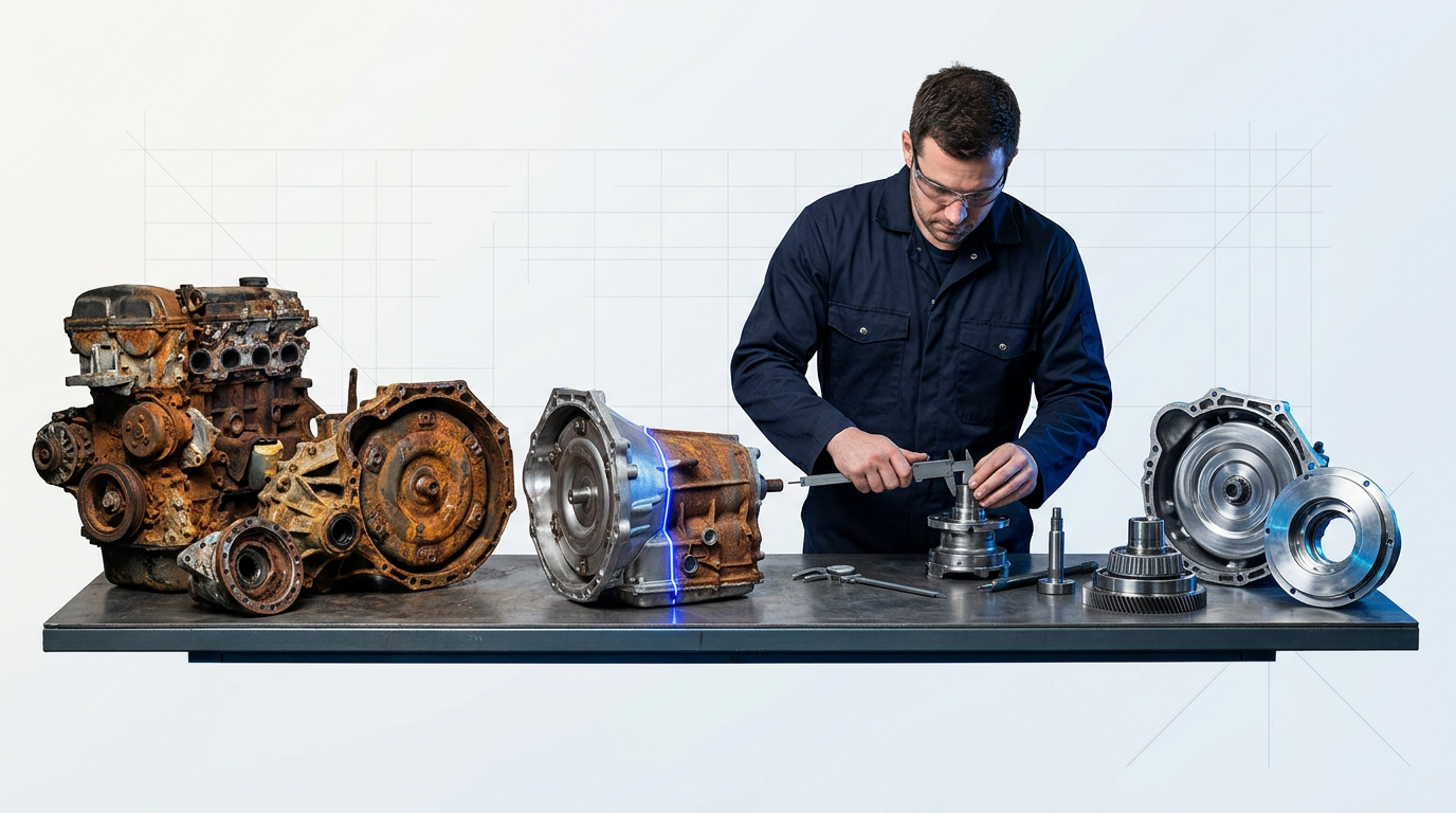 Workshop bench with mechanical components arranged in progression: corroded parts on left, center component showing laser cleaning boundary between rust and bare metal with electric blue laser line, cleaned inspection-ready parts on right. Engineer in navy coveralls inspects cleaned component with precision tools.