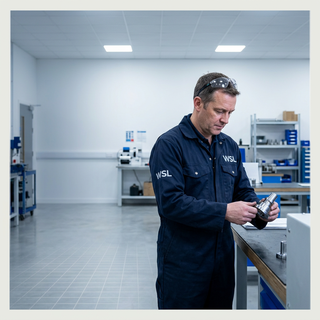 Professional engineer in dark navy coveralls examining a cleaned metal component at a workbench in a bright, modern UK manufacturing workshop with polished concrete floor and overhead LED lighting.