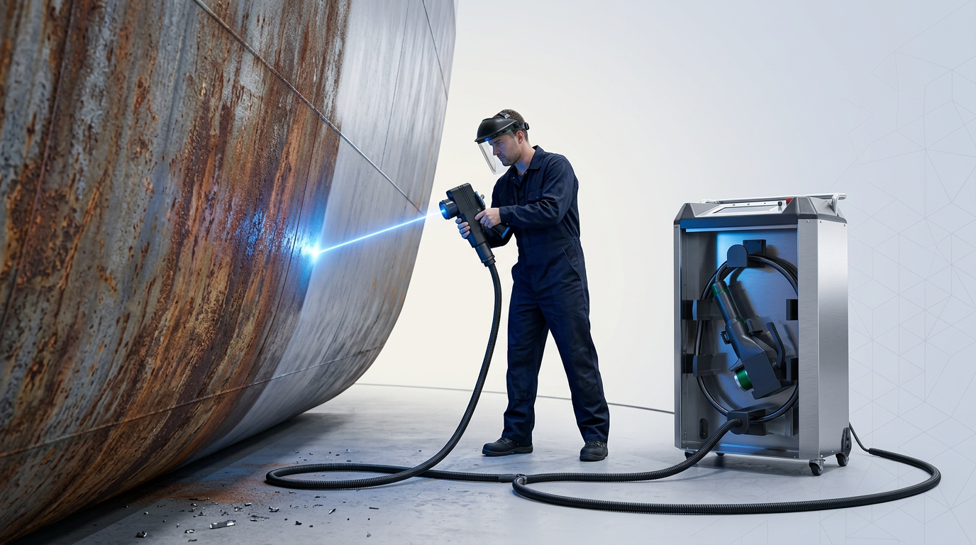 Portable ELASER laser cleaning unit deployed dockside, with extended fiber cable and scanner head actively removing rust from a large weathered steel ship hull, showing stark contrast between oxidized and cleaned surfaces.