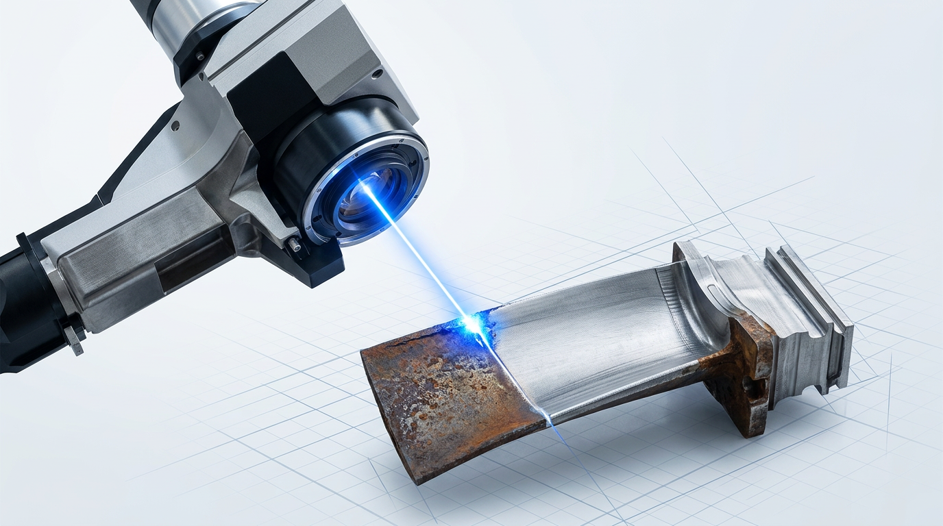 Precision aerospace turbine blade undergoing laser cleaning, with electric blue laser beam removing rust and oxidation from the surface, revealing clean bare metal beneath.