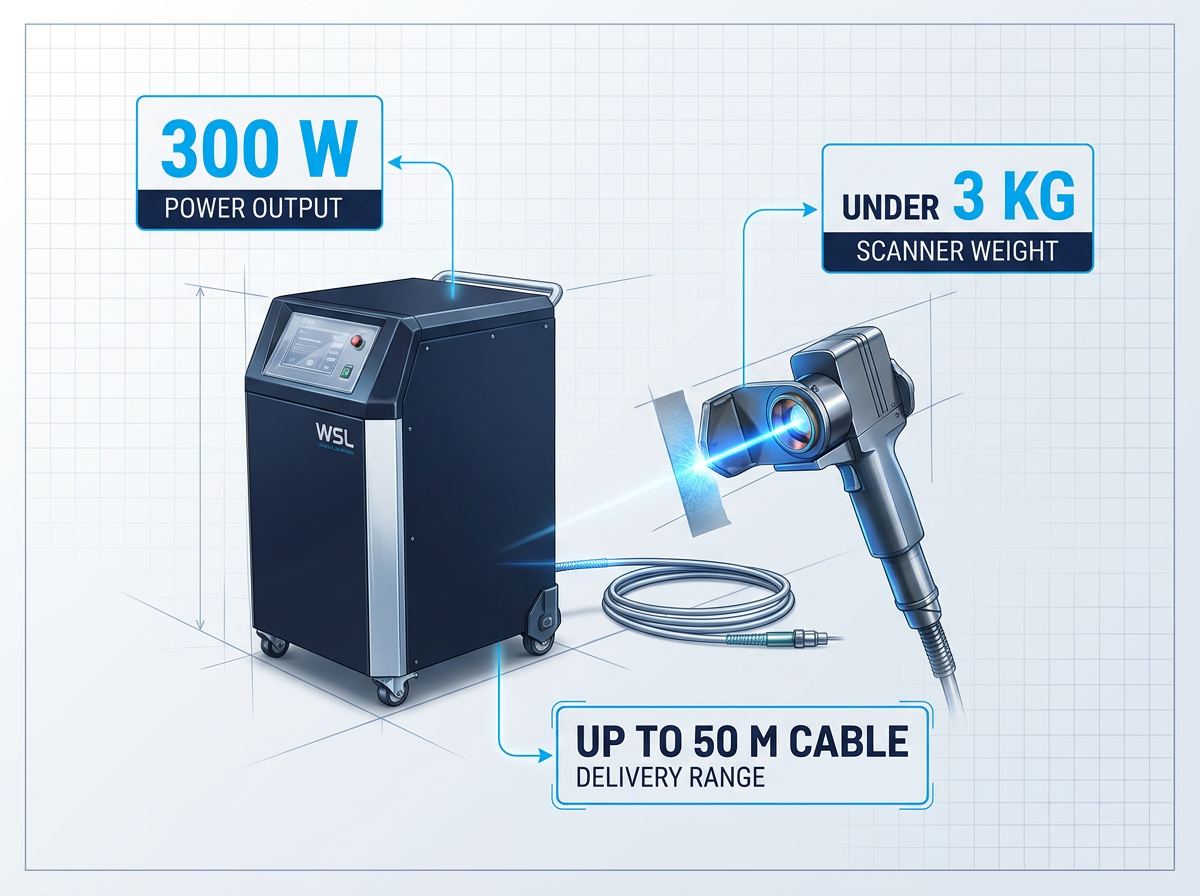 ELASER wheeled laser unit on left with handheld scanner on right, connected by fibre cable, with three specification badges displaying 300 W power output, up to 50 m delivery cable, and under 3 kg scanner weight.
