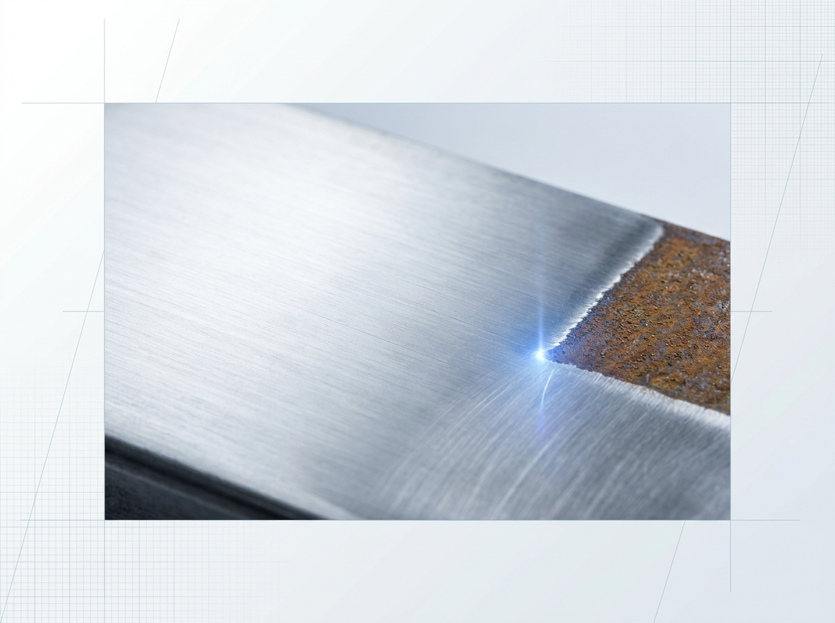 Close-up of laser-cleaned steel surface with bright reflective finish and sharp contrast to rust patch at edge, showing substrate integrity preserved after cleaning.