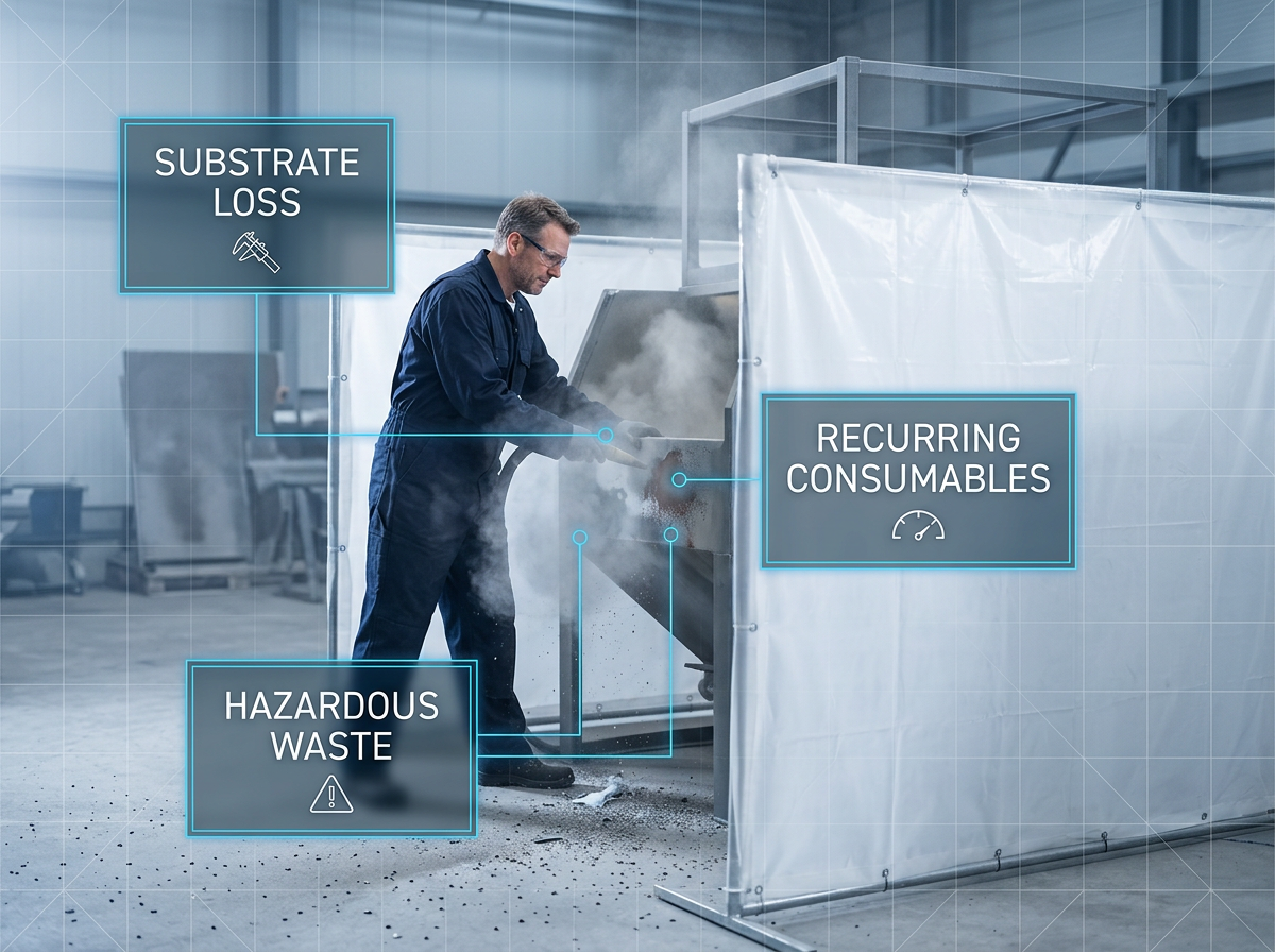 Industrial workshop with technician in navy coveralls performing sandblasting work behind white containment sheeting. Suspended dust and blast media debris visible. Three labeled problem areas annotated: substrate loss, recurring consumables, and hazardous waste.
