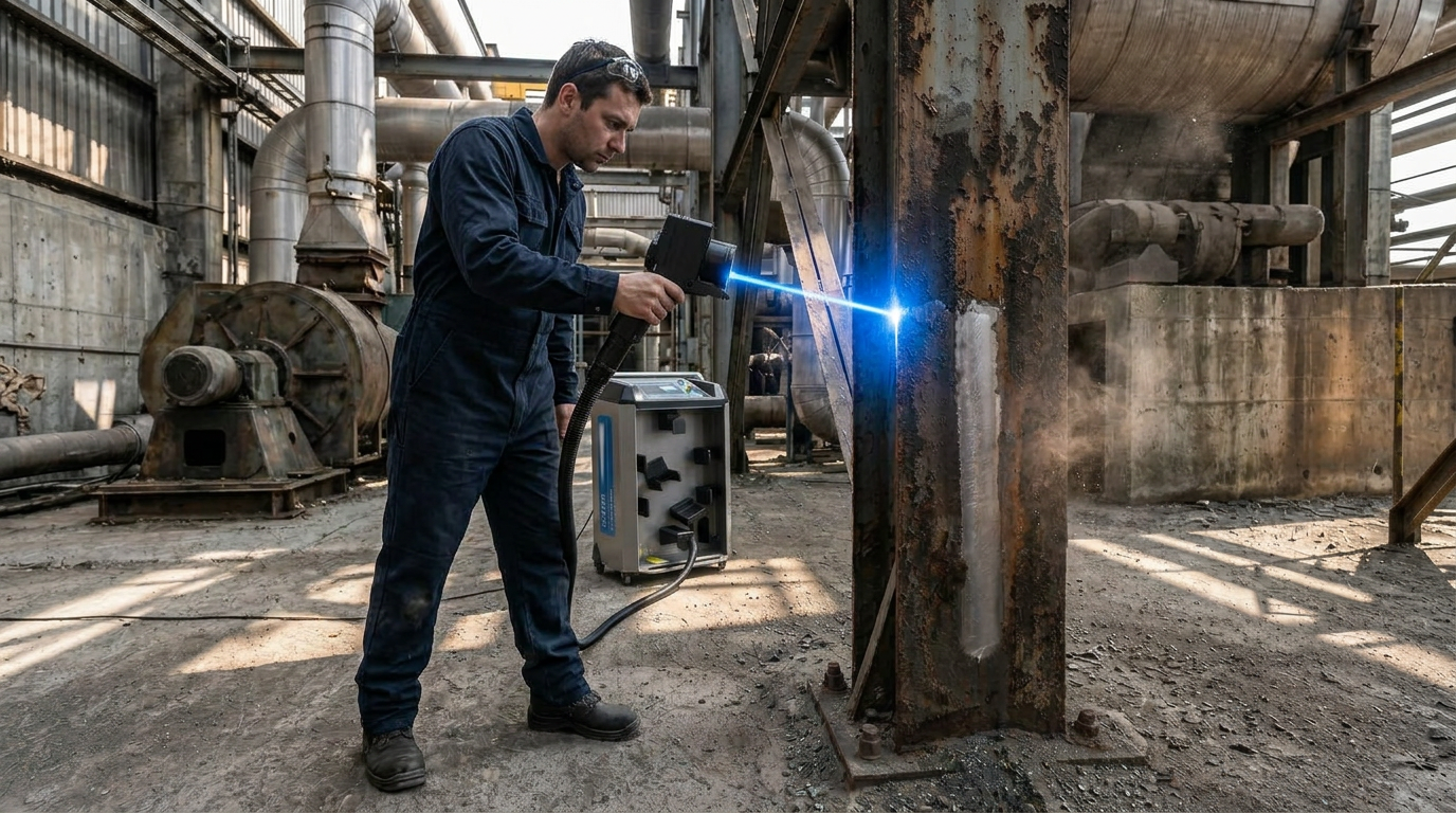 Industrial technician in navy coveralls operating handheld laser cleaning scanner on large rusted steel surface, with vivid electric blue laser beam and vaporised particles visible at ablation point in workshop environment.