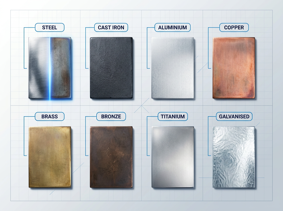 Flat-lay grid of eight industrial metal samples labeled steel, cast iron, aluminium, copper, brass, bronze, titanium, and galvanised, each with identification badge and connector line, one sample showing electric blue laser cleaning effect on edge.