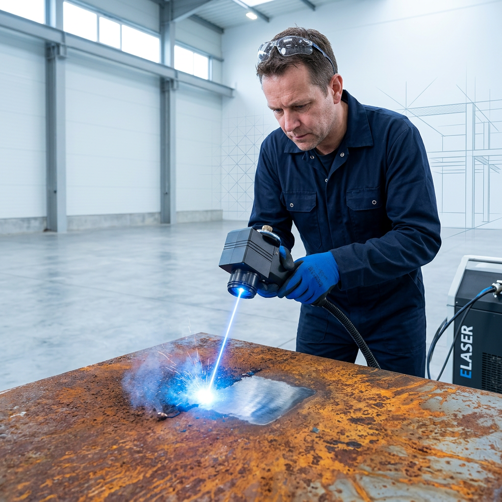 Industrial technician in navy coveralls operating ELASER handheld laser scanner on rusted metal surface in open warehouse, with bright electric blue laser beam visible at ablation point.