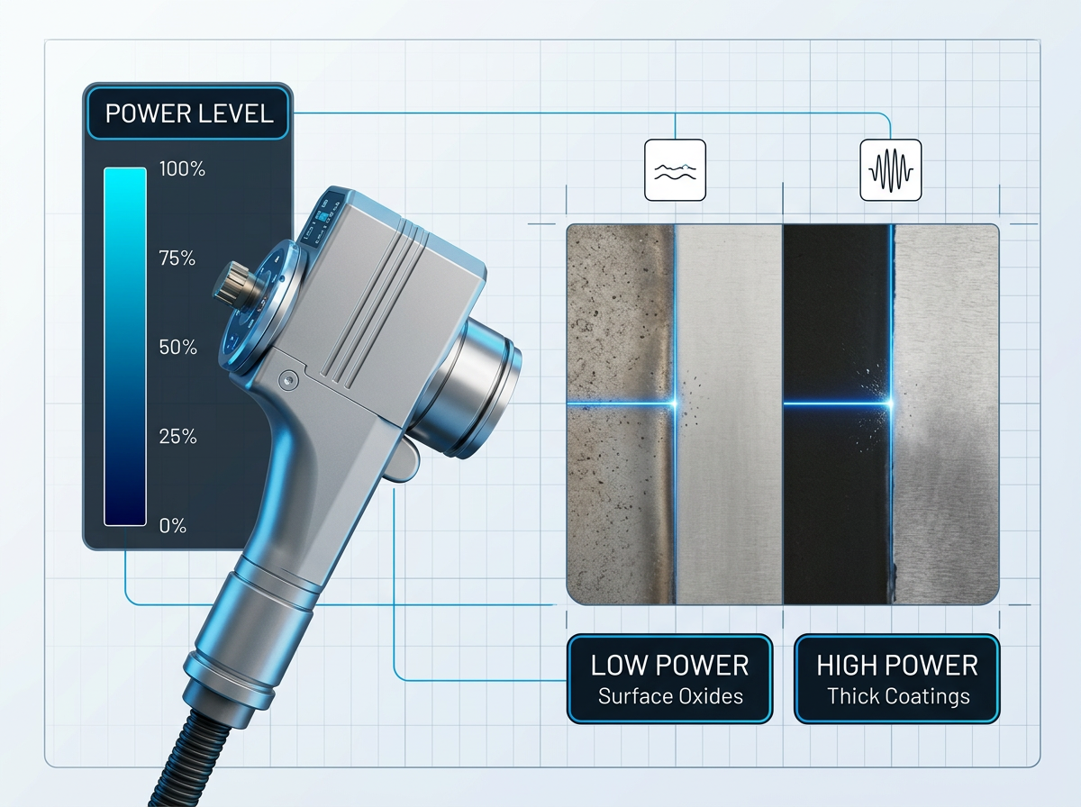ELASER laser scanning head positioned left with power-level indicator scale (0–100%) on upper left; right side shows before/after metal samples demonstrating low-power surface oxide removal versus high-power thick coating removal, with electric blue laser lines visible at contact points.