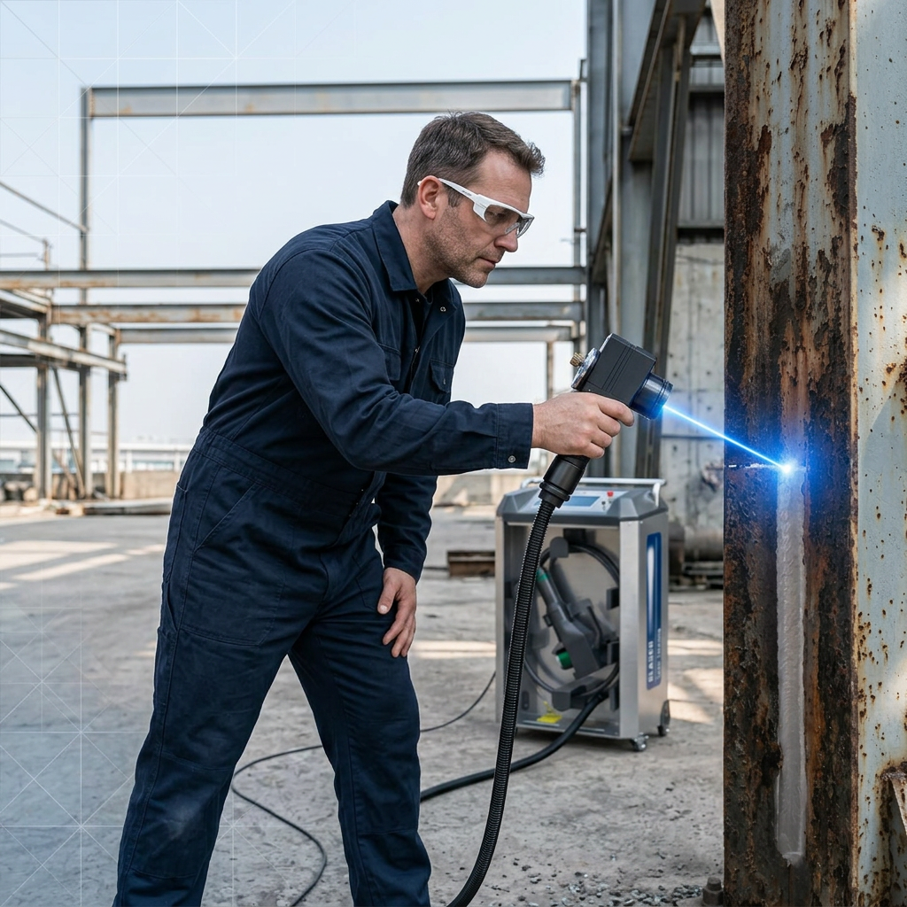Operator in navy coveralls using handheld laser scanner on rusted steel beam, with electric blue laser contact point visible and wheeled ELASER unit in background