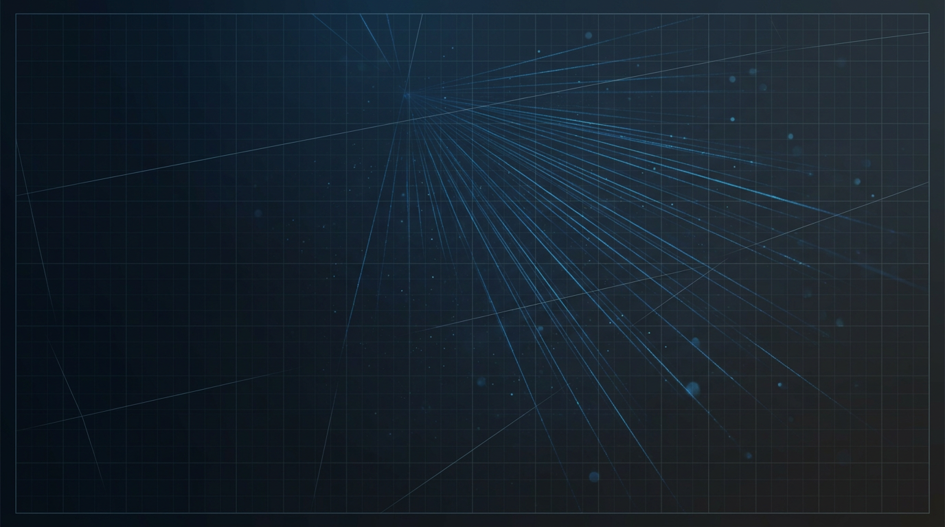Dark industrial background with navy-to-charcoal gradient, faint geometric grid pattern, and electric blue laser light rays scattered across the frame with subtle particle effects suggesting precision laser technology.