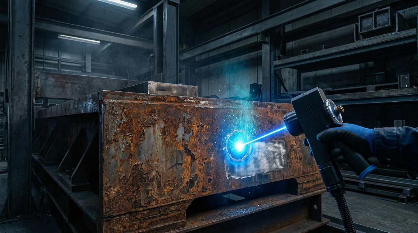 Dark industrial workshop with heavily rusted steel surface and handheld laser scanner head in action, electric blue laser beam striking the rust with glowing ablation effect exposing clean metal beneath.