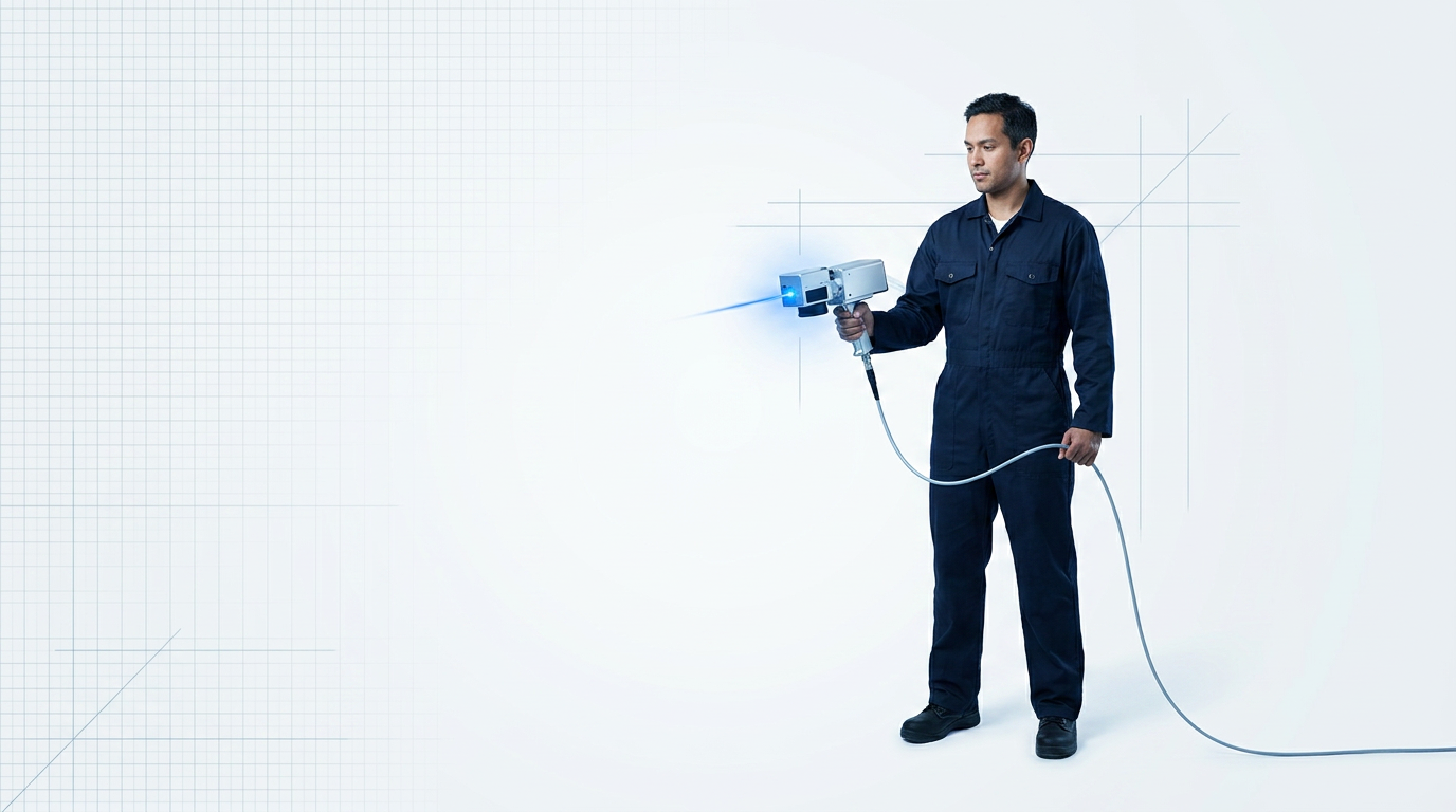 Engineer in dark coveralls operating ELASER handheld laser scanner with single-handed grip at waist height, fiber cable extending downward, scanner aperture glowing electric blue during active operation.