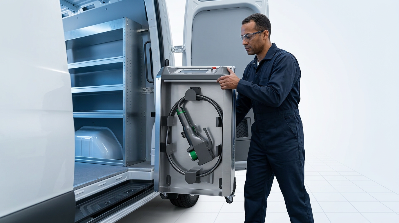 Professional operator in navy coveralls loading a compact ELASER Pulse laser cleaning system into a commercial van, positioned as a mobile service unit ready for on-site deployment.