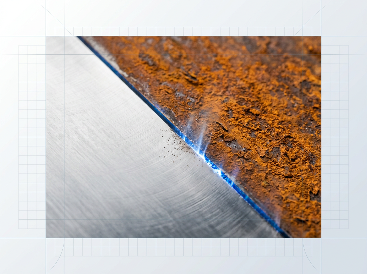 Macro close-up of metal surface with sharp boundary between polished bare steel on left and rust-covered degraded surface on right, electric blue laser line at dividing edge